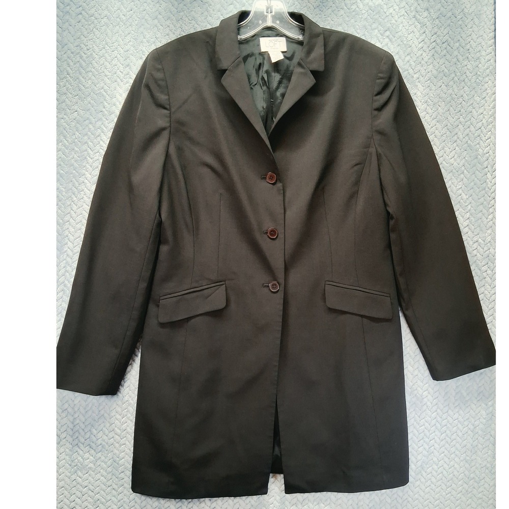 Ann Taylor LOFT Stretch Black Longline Blazer Wool Blend Size 12 3-Button Jacket